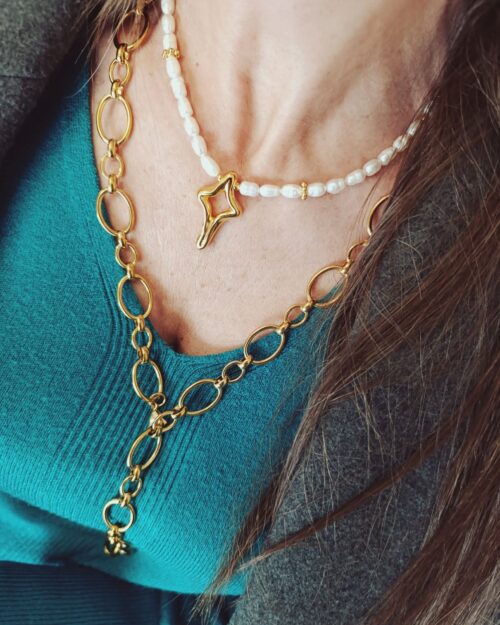 Χειροποίητο Κοντό Κολιέ με Μαργαριτάρια Φυσικής Καλλιέργειας & Σταυρό σε Χρυσό Τόνο