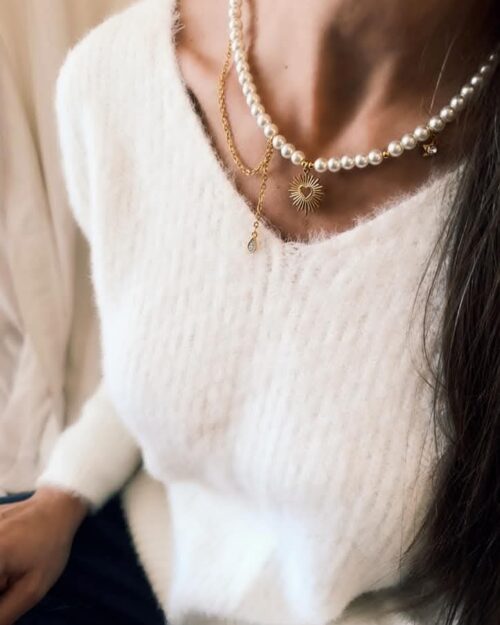 Χειροποίητο Κοντό Κολιέ με Πέρλες & Ατσάλινη Χρυσή Αλυσίδα με Καρδιά