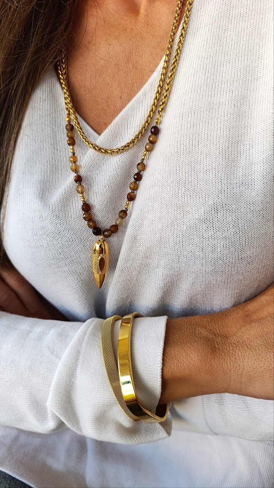 Χειροποίητο Κολιέ με Φυσικές Πέτρες Καπνία και Ατσάλινη Αλυσίδα σε Χρυσό Τόνο