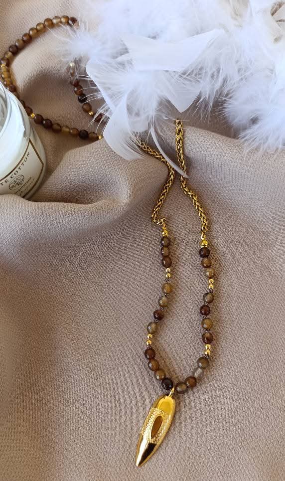 Χειροποίητο Κολιέ με Φυσικές Πέτρες Καπνία και Ατσάλινη Αλυσίδα σε Χρυσό Τόνο - Image 4