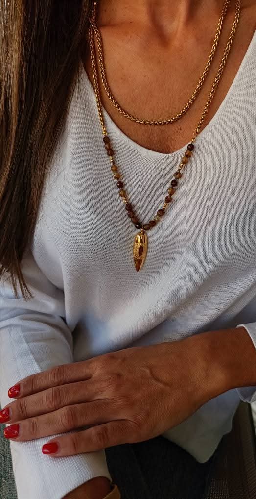 Χειροποίητο Κολιέ με Φυσικές Πέτρες Καπνία και Ατσάλινη Αλυσίδα σε Χρυσό Τόνο - Image 5