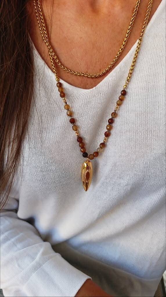 Χειροποίητο Κολιέ με Φυσικές Πέτρες Καπνία και Ατσάλινη Αλυσίδα σε Χρυσό Τόνο - Image 6