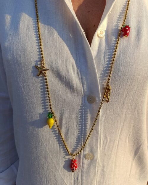 Μακρύ Κολιέ με Ατσάλινη Αλυσίδα και Διακοσμητικά Murano & Θαλάσσια Στοιχεία