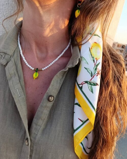 Κοντό Κολιέ με Λευκό Φίλντισι και Murano Λεμόνι