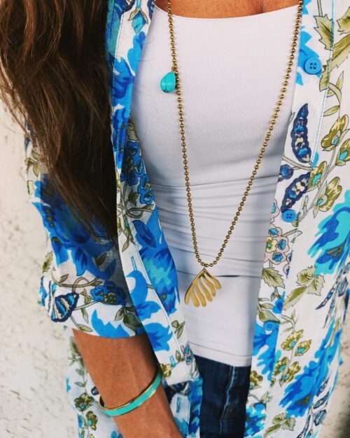 Μακρύ Κολιέ με Χρυσή Ατσάλινη Αλυσίδα, Στοιχείο Φύκι και Τιρκουάζ Χαολίτη